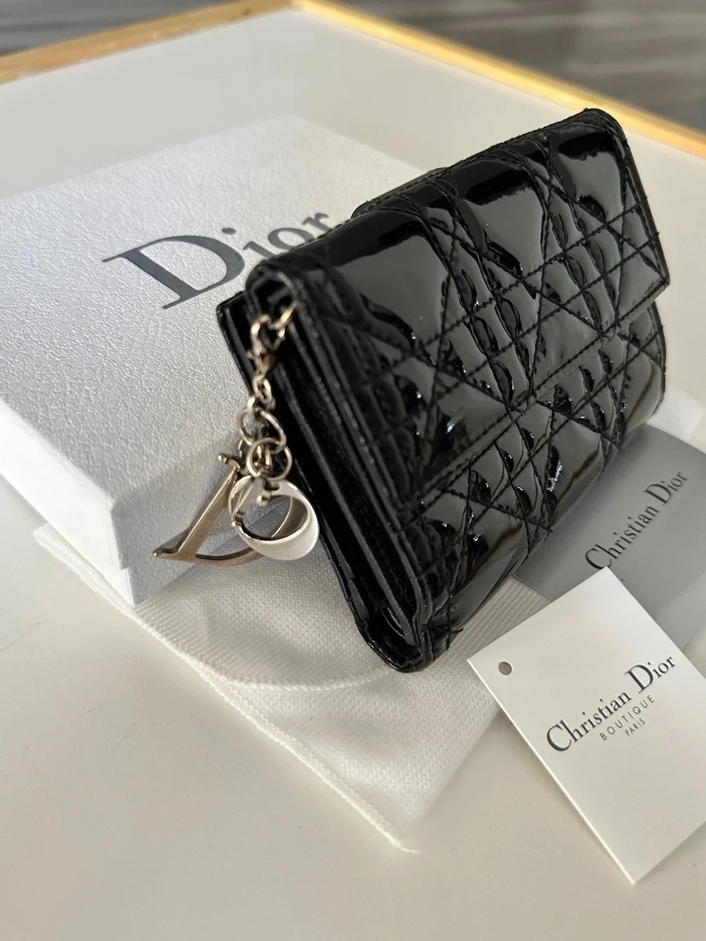 Dior Black Patent Quilted Card Case with Silver Charm